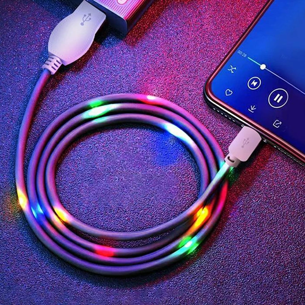1 м светодиодный светящийся струящийся usb-кабель для быстрой зарядки и передачи данных Micro usb type C для iPhone X samsung