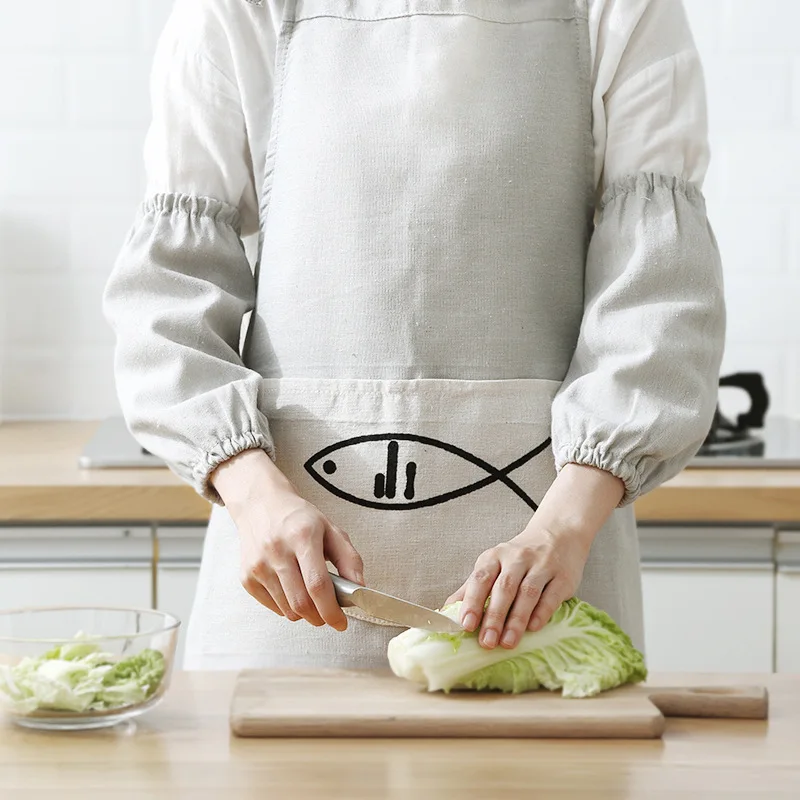 Benign Homes Household Apron Set Origional Cotton Linen Plain Color Six Pieces Set Family Kitchen Apron Gloves Wholesale
