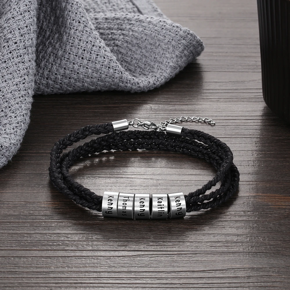 Personalized Custom Name Bracelet for Men Stainless Steel Engraved 5 Beads Braided Rope Bracelets & Bangles Adjustable Wristband