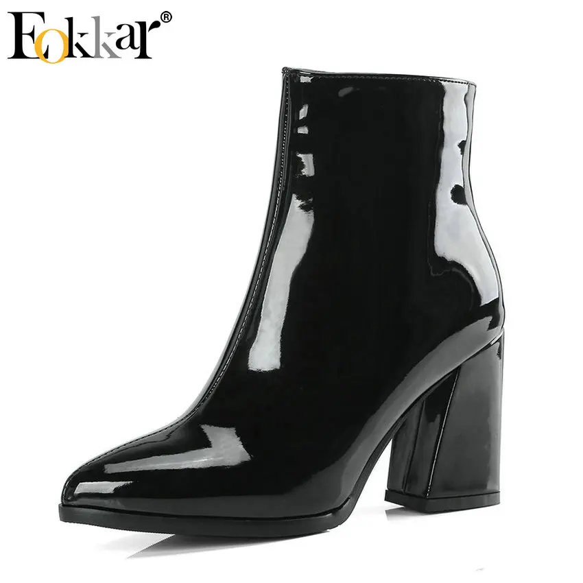 

Eokkar 2020 Women Ankle Boots Patent Leather Fashion Women Shoes Zipper Square High Heel Winter Boots Women Boots Size 34-43