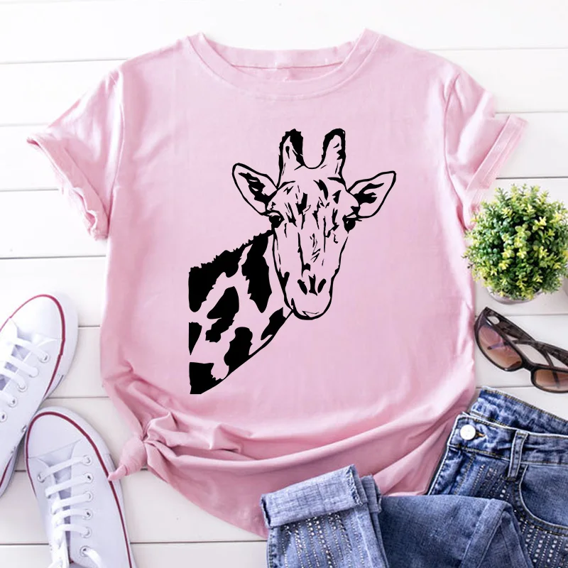 Giraffe Print Pink Woman Tshirts Women's Summer Harajuku Fun Cute Animal Pattern T Shirt Women Tops Casual Short Sleeve T-shirt