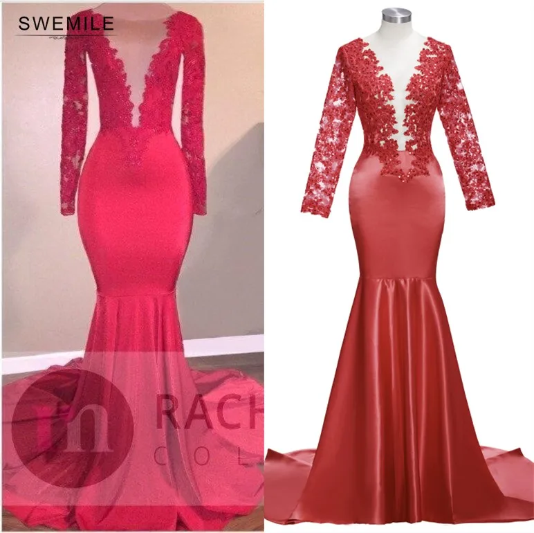 

Real Photos Mermaid Red Long Evening Dresses Deep V-neck Applique With Sequin Evening Gowns Party Robe De Soriee