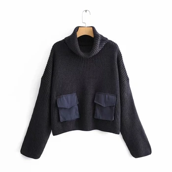 

ZA Winter Warm loose knitted thick high collar sweater women pullover oversize large pocket casual pull female woman jumper