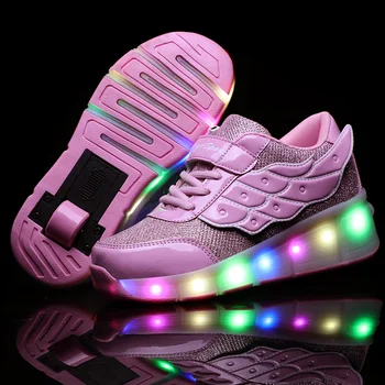 

New Pink Wing USB Charging Fashion Girls Boys LED Light Roller Skate Shoes For Children Kids Sneakers With Wheels One wheels