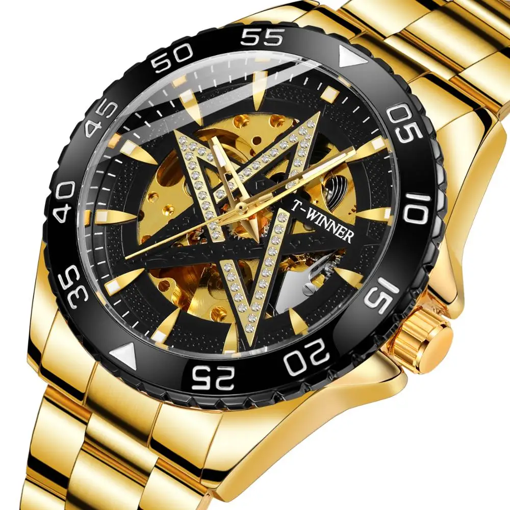 

Winner Star Diamond Display Men Gold Stainless Steel Mechanical Automatic Sport Wrist Watch Top Brand Luxury Relogio Male Clock