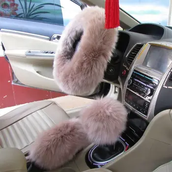 

3Pcs Winter Warm Faux Fur Wool Handbrake Cover Gear Shift Hanging Sleeve Fluffy Thick Car Steering Wheel Simple Design