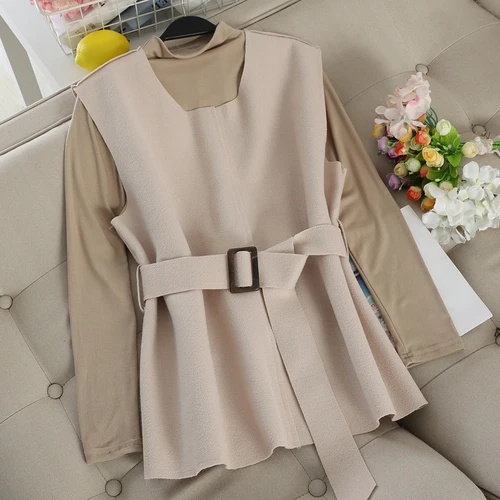 Apricot Neploe, Осень-зима, Conjuntos De Mujer, тонкая нижняя рубашка с высоким воротником+ Приталенный жилет на шнуровке, 2 предмета, женский элегантный комплект 46960 - Цвет: Apricot