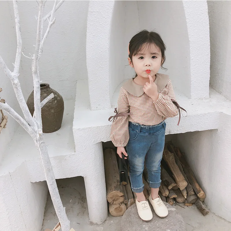 Новинка года; детская рубашка с воротником в стиле Питера Пэна в южнокорейском стиле блузка с длинными рукавами в клетку с лентами для девочек