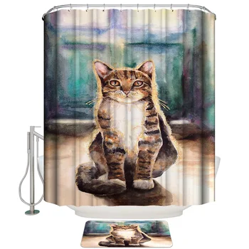 

Animal Art Cat Shower Curtain Set and Anti-slip Floor Mat Outdoor Rugs