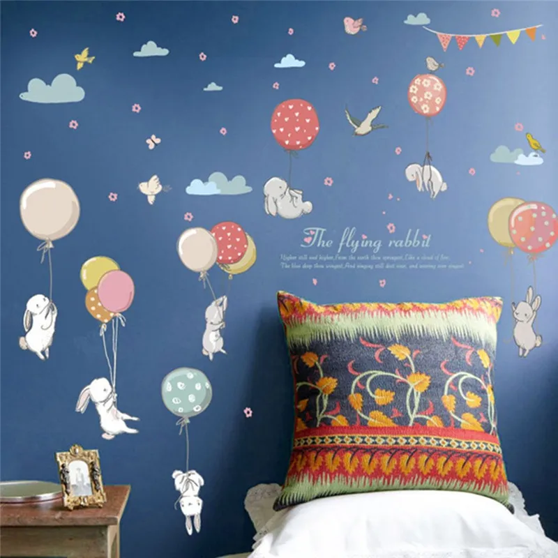 Милый мультфильм кролик воздушный шар наклейки на стену DIY детская спальня, детская комната украшение для классной комнаты обои наклейка