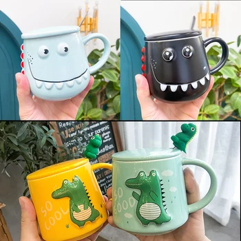 

400ML reative Cute Ceramic Mug Cartoon Animal Relief Dinasaur Coffee Mug With Lid And Spoon Breakfast Cup Drinkware Novelty Gift
