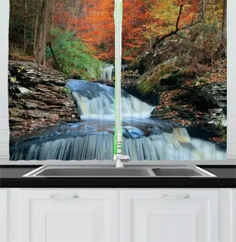 

Multicolor Outdoor Kitchen Curtains Landscape Image Waterfall at National Park Colorful Foliage Fall Season Window Drapes