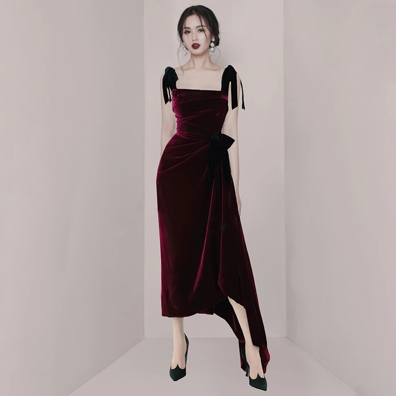 

HAMALIEL Elegant Spaghetti Strap Irregularity Party Dress Fashion Autumn Women Velvet Bow Strapless Party Runway Long Dresses