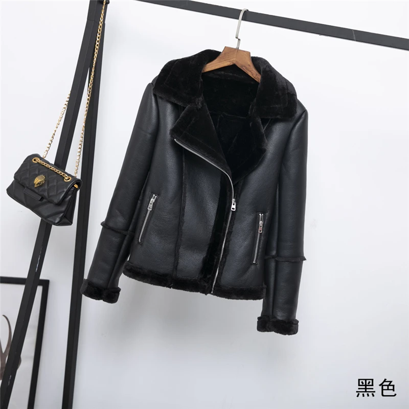 

Autumn and winter fashion fur one women's leather jacket 2019 winter new night warm casual women's moto biker zipper jacket K029