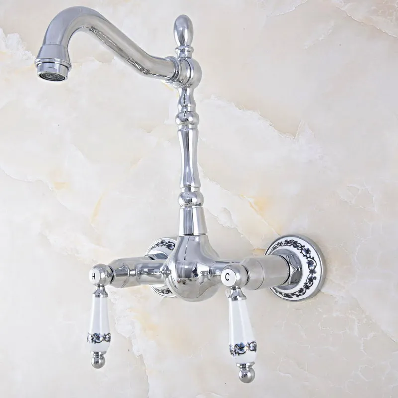 

Polished Chrome Brass Wall Mounted Bathroom Kitchen Sink Faucet Swivel Spout Mixer Tap Dual Ceramics Handles Levers mnf567