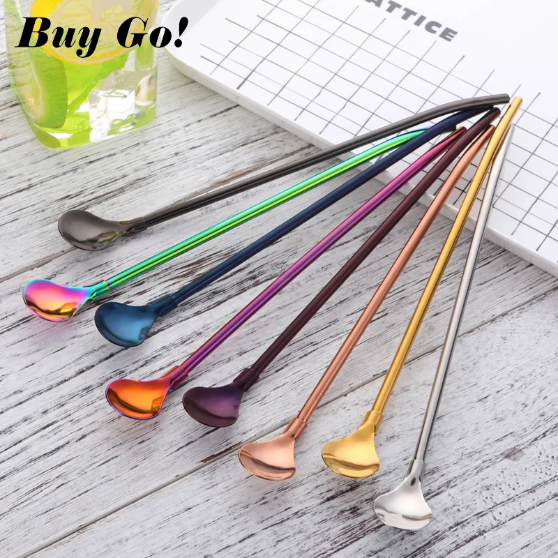 8 Colors Stainless Steel Long Metal Drinking Straw Spoon with Cleaning Brush Tea Coffee Bar Kitchen Party Drink Accessories