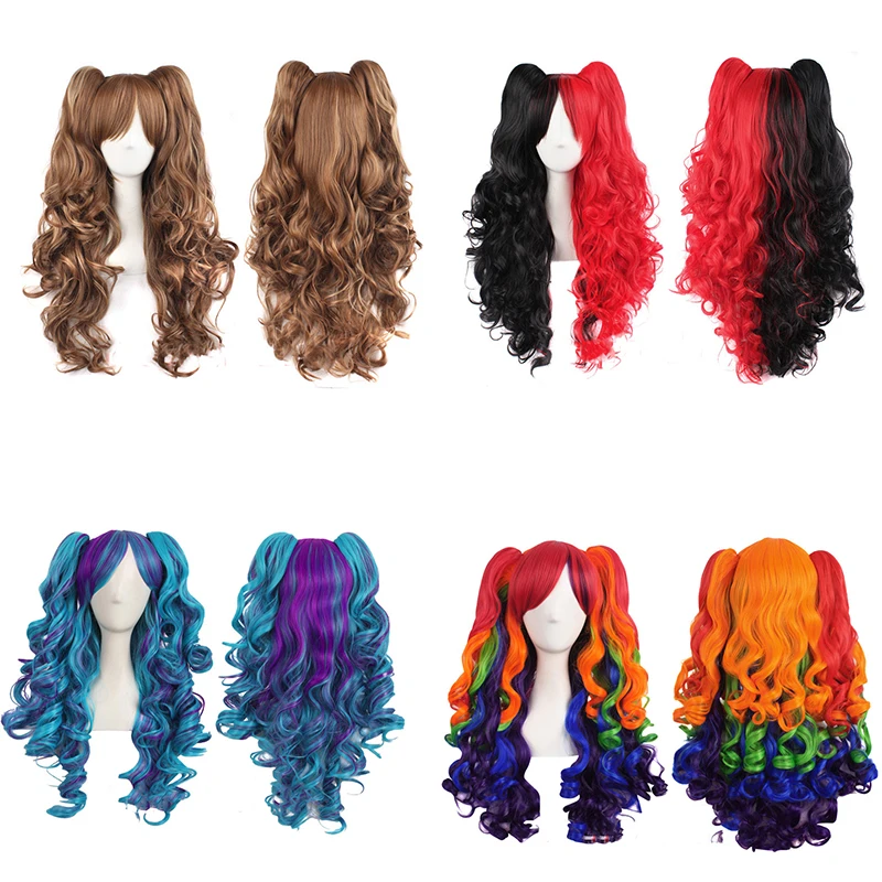 

MANWEIAnime Cosplay Synthetic Wigs Long Curly Hair Multicolor Mixed Colors Pink Purple Blue Ombre Wig for Women