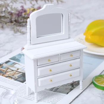 

Miniature Bedroom Furniture 1/12 Scale Wooden Makeup Dressing Tbale + Cushioning Makeup Stool for Dollhouse Dressing Room Decor