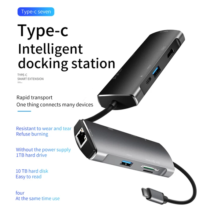 7-в-1 многопортовый концентратор Тип с разъемами типа C и USB3.0 HDMI устройство для чтения карт SD TF Ethernet адаптер DQ-капля