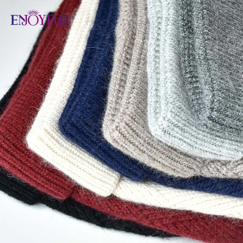 ENJOYFUR Winter Hats For Women Natural Fur Pompom hat Warm Wool Slouchy Beanies For Female Fashion Skullies Lady Hats 6