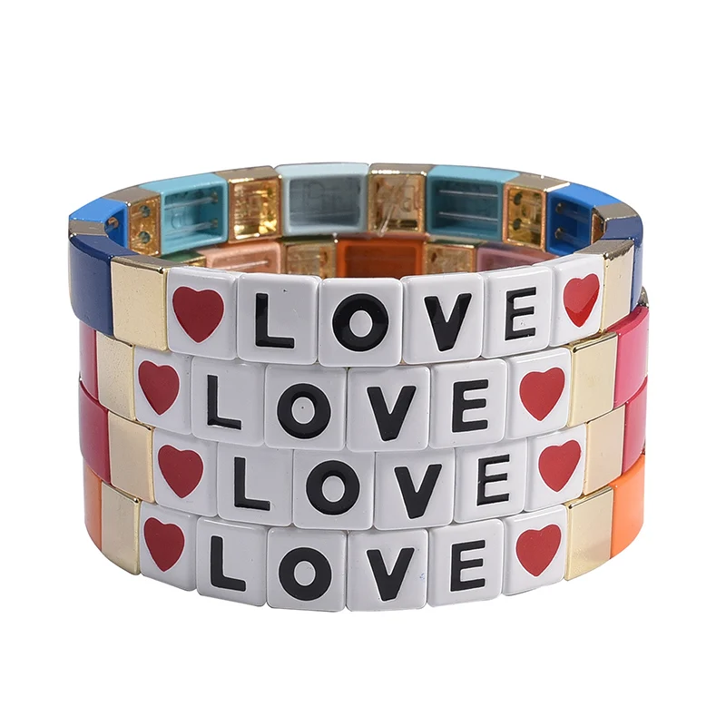

Bohemia Enamel Tila Tile Beads Bracelet LOVE Letter Rainbow Women Stackable Bangle Girl Beach Jewelry Bracelet