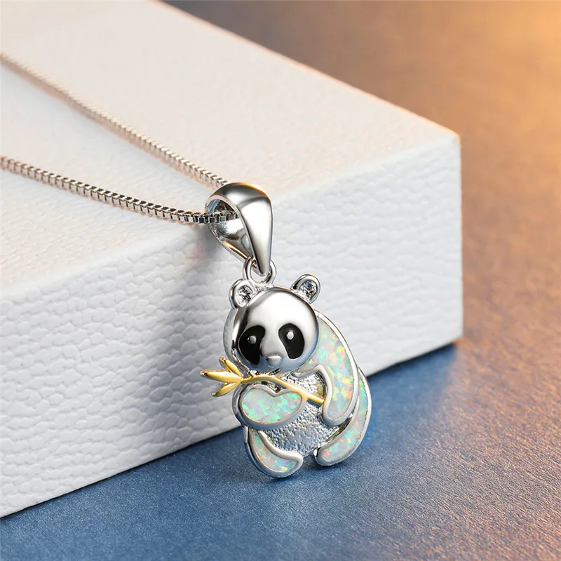 Blue White Fire Opal Cute Panda Pendant Necklaces For Women Silver Color Animal Jewelry Female Engagement Necklace Wedding Gifts
