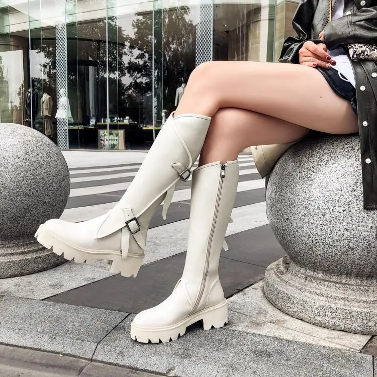 

Knight Boots Women Mid-calf Black White Leather Zapatos De Mujer Round Toe Side Zipper Shoes Woman Platform Rubber Heels Booties