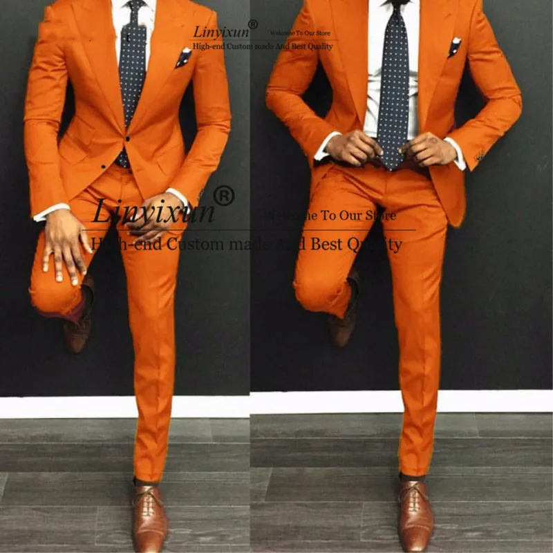 Latest Coat Pant Designs Orange Men Suit Casual Slim Fit 2 Peieces Tuxedo Tailor Groom Prom Party Blazer(Jacket+Pants