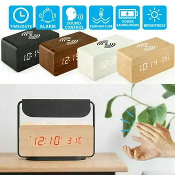 

Modern Home Wooden Wood Digital LED Desk Alarm Clock Thermometer Qi Wireless Charger For iphone