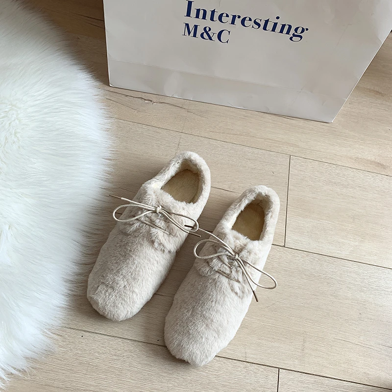 Бежевый Solid brief furry shoes woman lace-up comfy flats velvet plush warm loafers femme round toe moccasins brand korean lazy footwear - Цвет: Бежевый