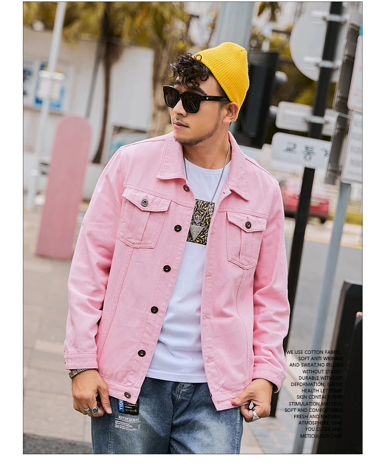 New Pink Denim Jacket Men Autumn Casual 