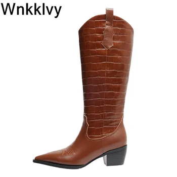 

Pointy toe Crocodile pattern knee high boots women chunky mid heel knight long boots Autumn winter retro western cowboy boots