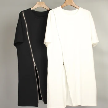 

2019 Summer New Korean Long Short Sleeve T-shirt Women's Side Zipper Solid Women's Short Sleeve T Shirt Plus Size Women Tops