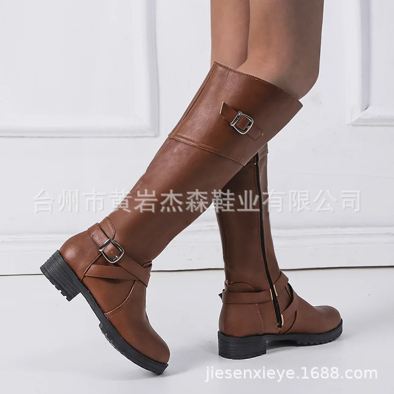 

2019 Europe And America New Style Biker Boots Large Size 43 Women's Boots round-Toe Chunky Heel Leather Buckle with Boots Flat
