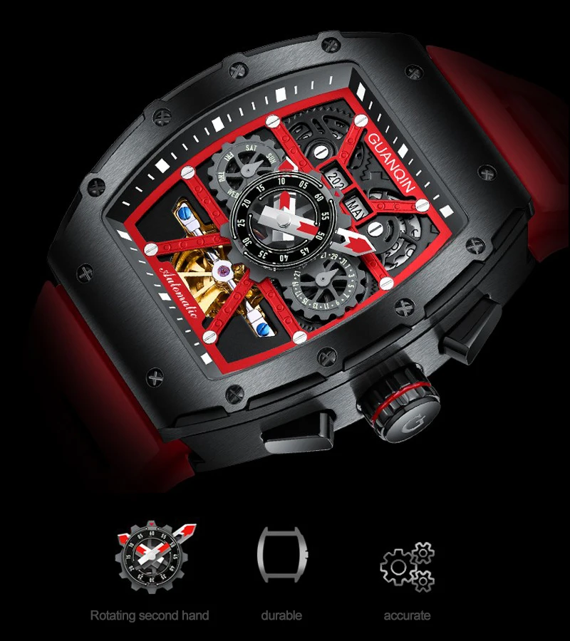 GUANQIN Luxury Automatic Watch Skeleton Skull Watch 2022 Tourbillon design waterproof Day Date Year Month Display Rubber Strap