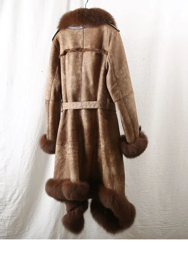fashion winter new real leather lamb fur grass one coat coat women's long fox windbreaker fur