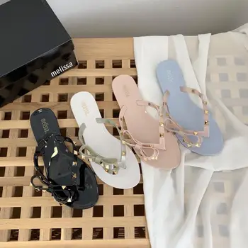 

Melissa 2020 Fashion Woman Flip Flops Summer Shoes Cool Beach Rivets big bow flat sandals Brand jelly shoes sandals girls size