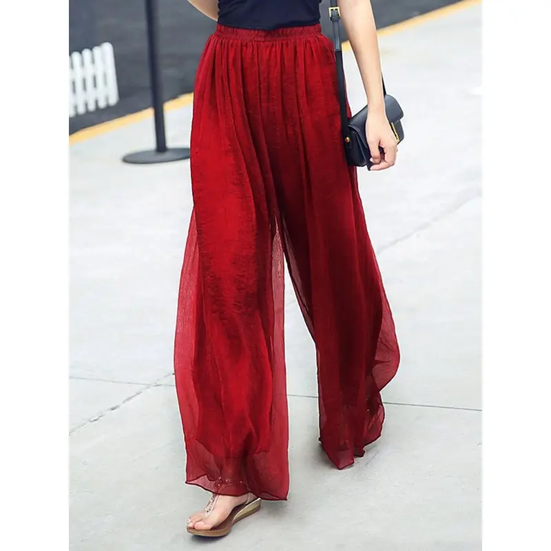 

Casual Pants Wide Legs Women 2019 Autumn Elastic Waist Loose Mesh Trousers Female Retro Bohemian Korean Beach Long Pants Black