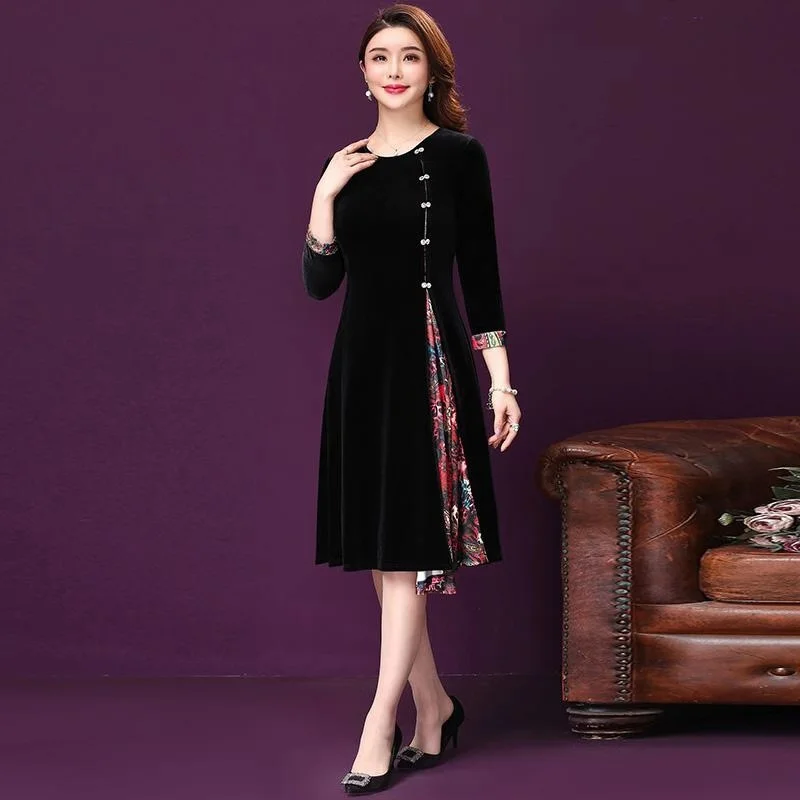 Spring Fall Vintage Women Floral Patchwork Pleated Black Velour Dress, Woman Autumn 4xl 3/4 Sleeve Irregular Velour Dresses