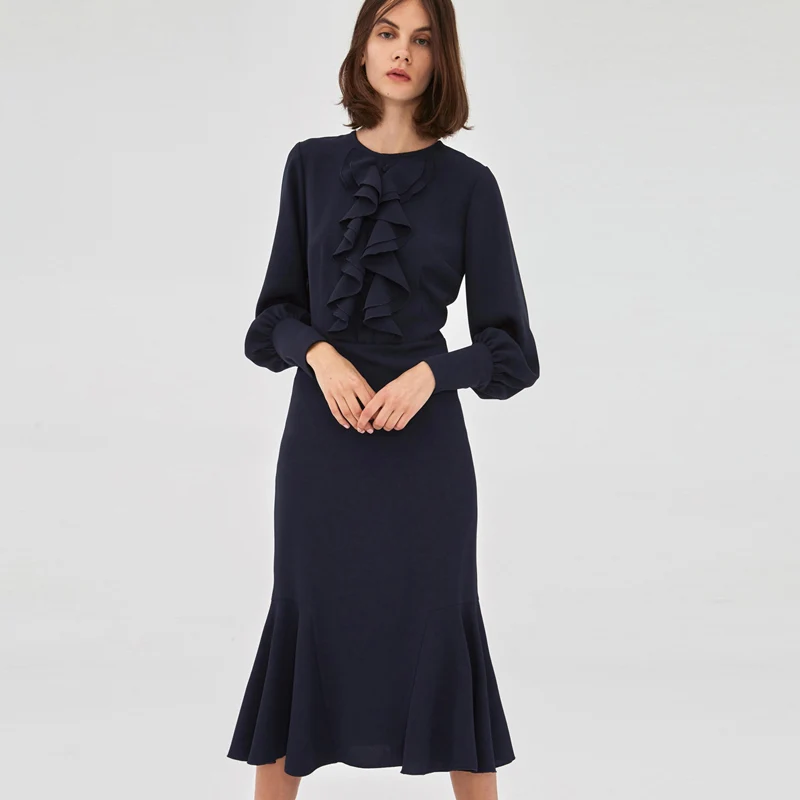 Runway Designer Hoge Kwaliteit Nieuwe Vrouwen Werkplek Party Sexy Verstoorde Kraag Vintage Elegante Chic Lange Mouw Fashion Midi Jurk Runway Designer Hoge Kwaliteit Nieuwe Vrouwen Werkplek Party Sexy Verstoorde Kraag Vintage Elegante Chic Lange Mouw Fashion Midi Jurk