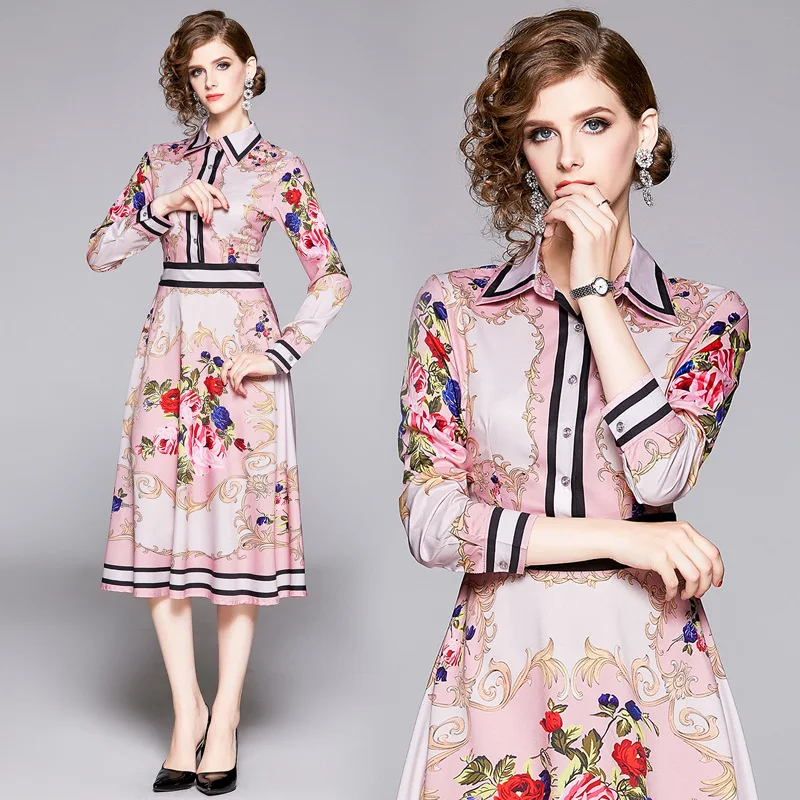 

5838-Europe And America WOMEN'S Dress Fold-down Collar Long Sleeve Waist Hugging Printed A- line Dress