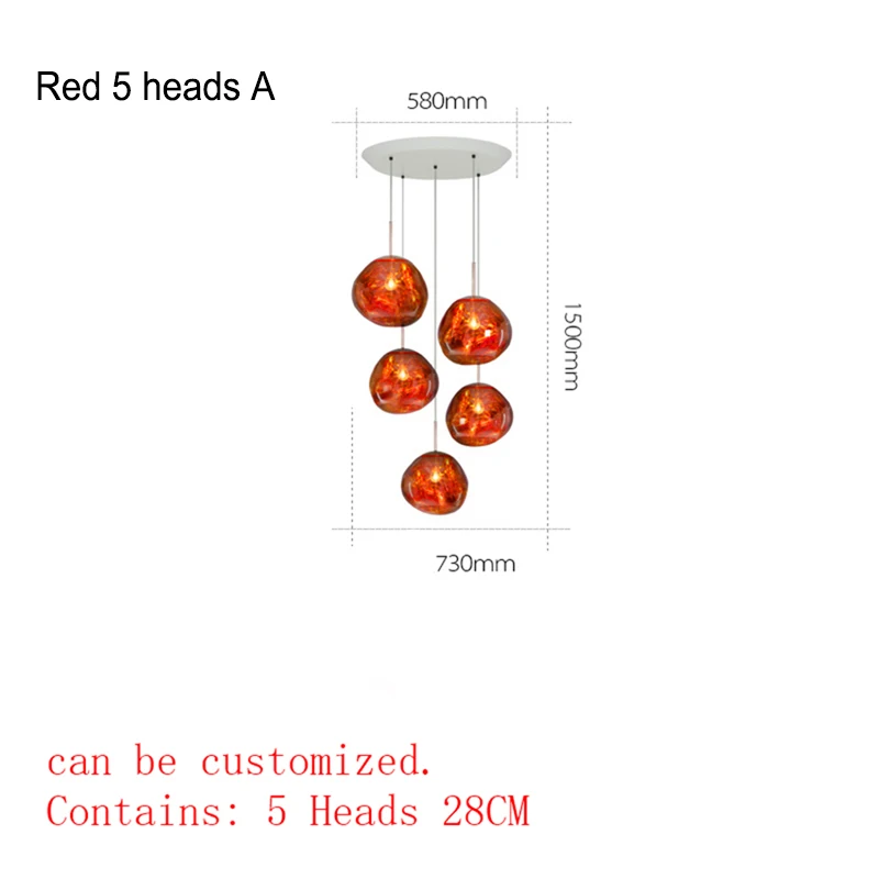 Red 5 Head 28CM Скандинавская стеклянная дизайнерская подвеска, освещение, кофейная стеклянная Подвесная лампа, для учебы, кухни, светильники, вилла, дуплекс, для квартиры, Подвесная лампа - Цвет корпуса: Red 5 Head 28CM