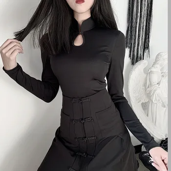 

New Spring Summer Women Punk Chic Long Sleeve Female T-shirts Vintage Gothic Black Skinny Aesthetic Slim T-shirt Tops Clothes
