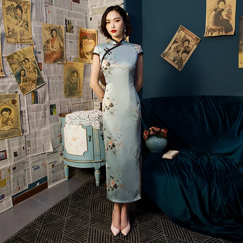 Синие Длинные китайские традиционные платья Qipao шелковое платье-Чонсам для женщин улучшение моды цветок китайский Ретро Chipao вечернее платье