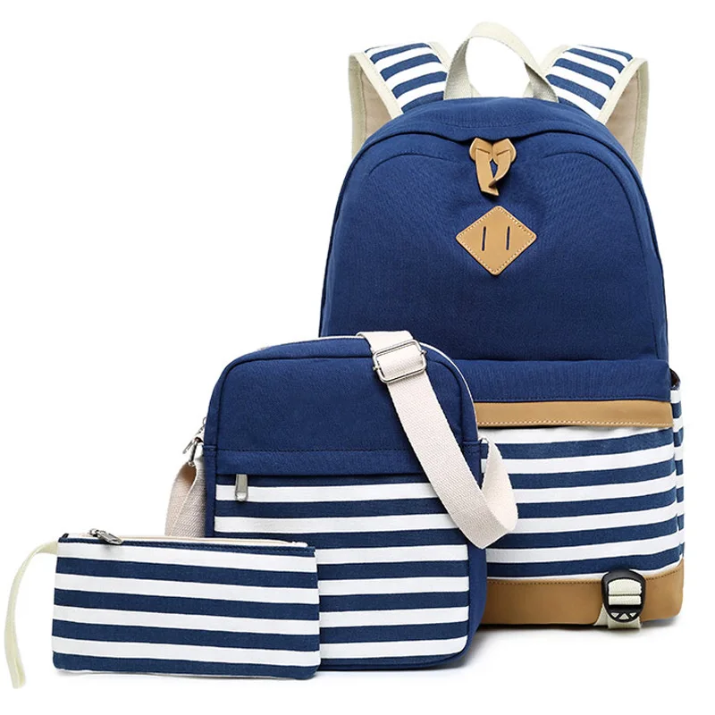 The New Three-piece Large-capacity Striped Backpack Casual Student Bag - Цвет: Синий
