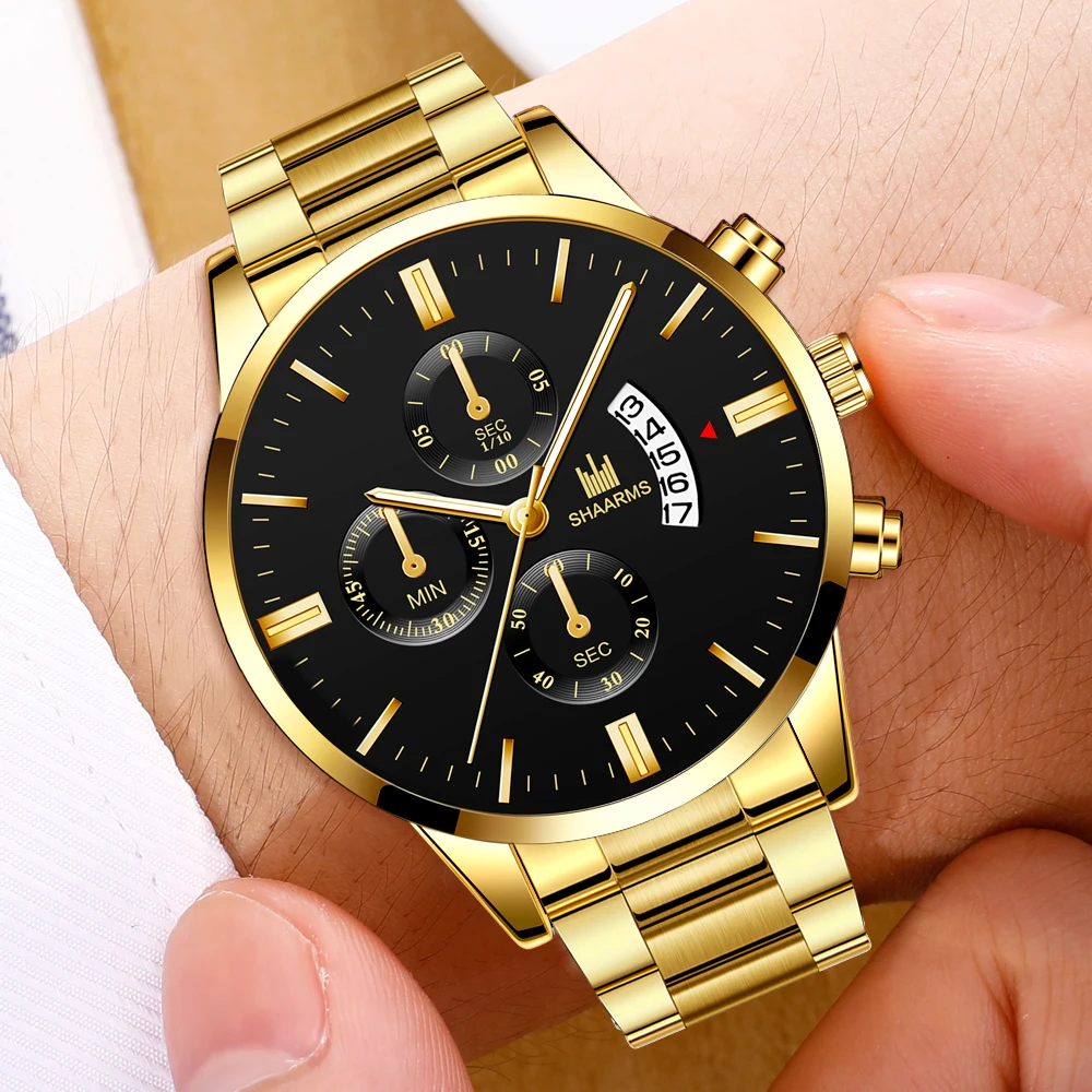 Бизнес Дата часы черный нержавеющая сталь Группа Кварцевые наручные часы Мужские Модные Военные Спортивные часы Relogio Masculino