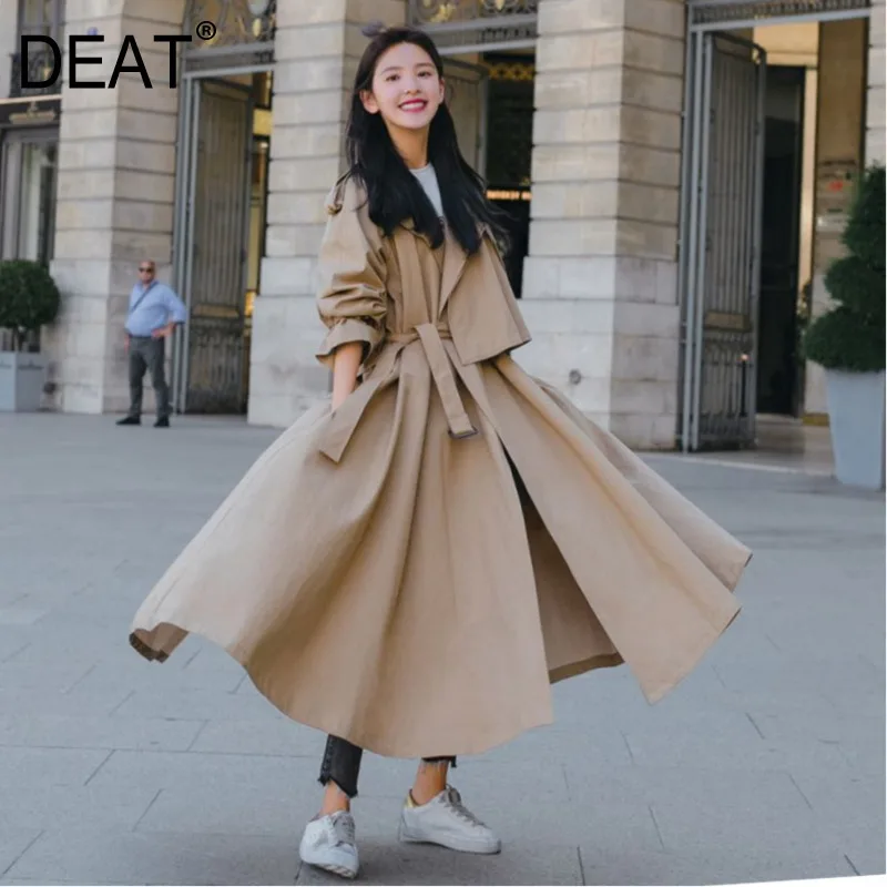 

[DEAT] 2019 New Autumn Winter Lapel Long Sleeve Bandage Big Hem Split Joint Brief Windbreaker Women Trench Fashion Tide 13D468