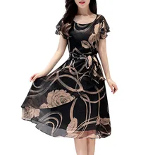 Летнее женское платье с цветочным принтом, тонкие платья, повседневные шифоновые платья с круглым вырезом, большие размеры, элегантные платья