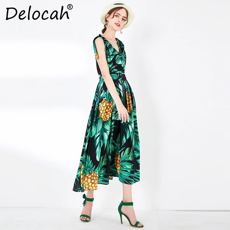 Delocah, весенне-летнее женское платье, подиум, модное, дизайнерское, сексуальное, v-образный вырез, простой бант, с растительным принтом, тонкое, женское, праздничное платье