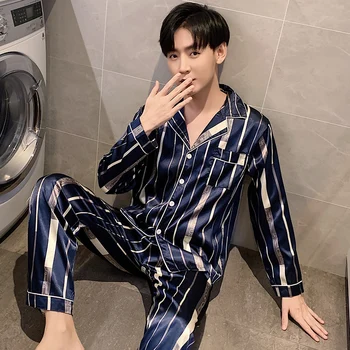 

XIZOU Men Pajamas Set Solid Satin Long Sleeve Autumn Homewear Silk Men Sleepwear Suit Casual Dormir Top Pyjamas Male Sleep Tops